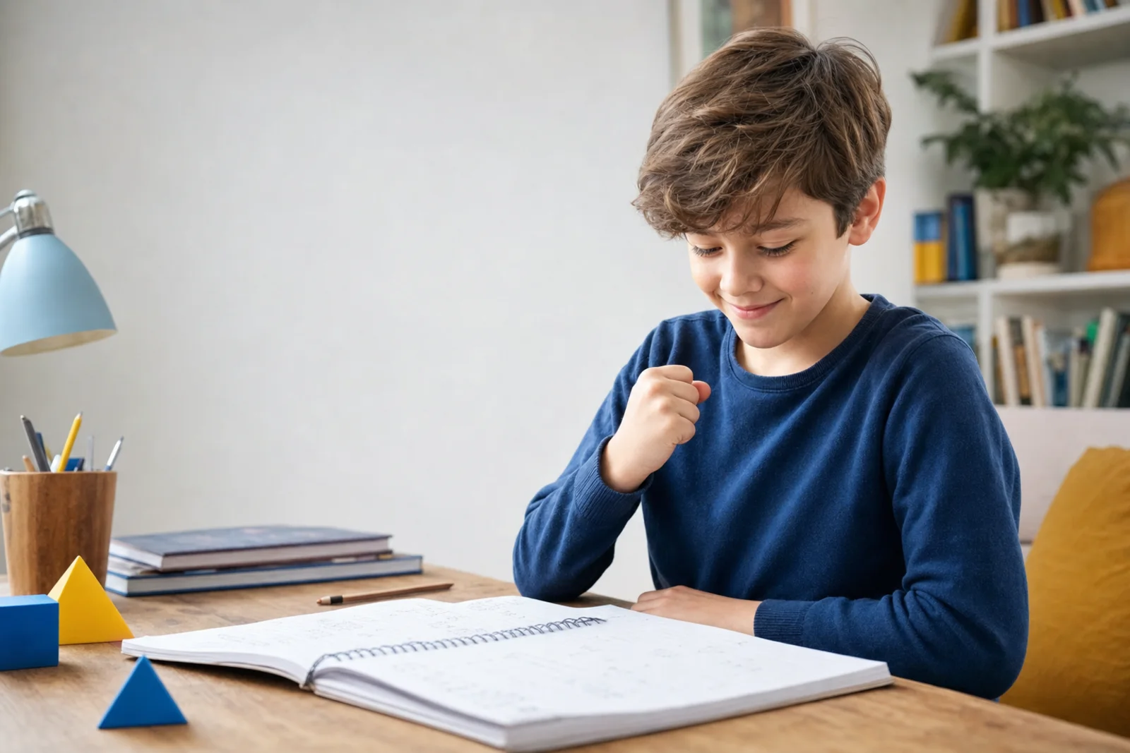 A child celebrating a completed 11+ learning activity