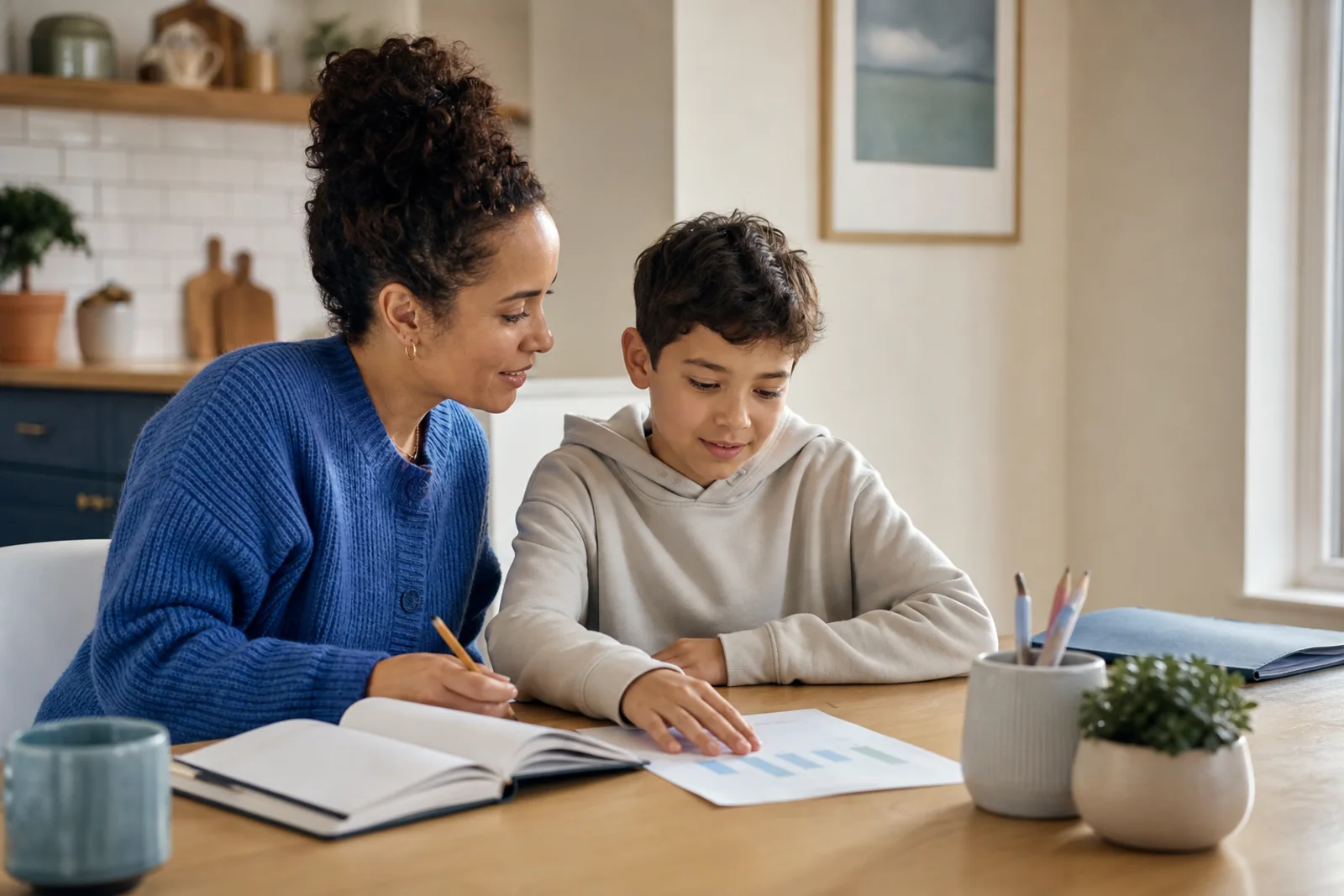 A parent and child reviewing learning progress together